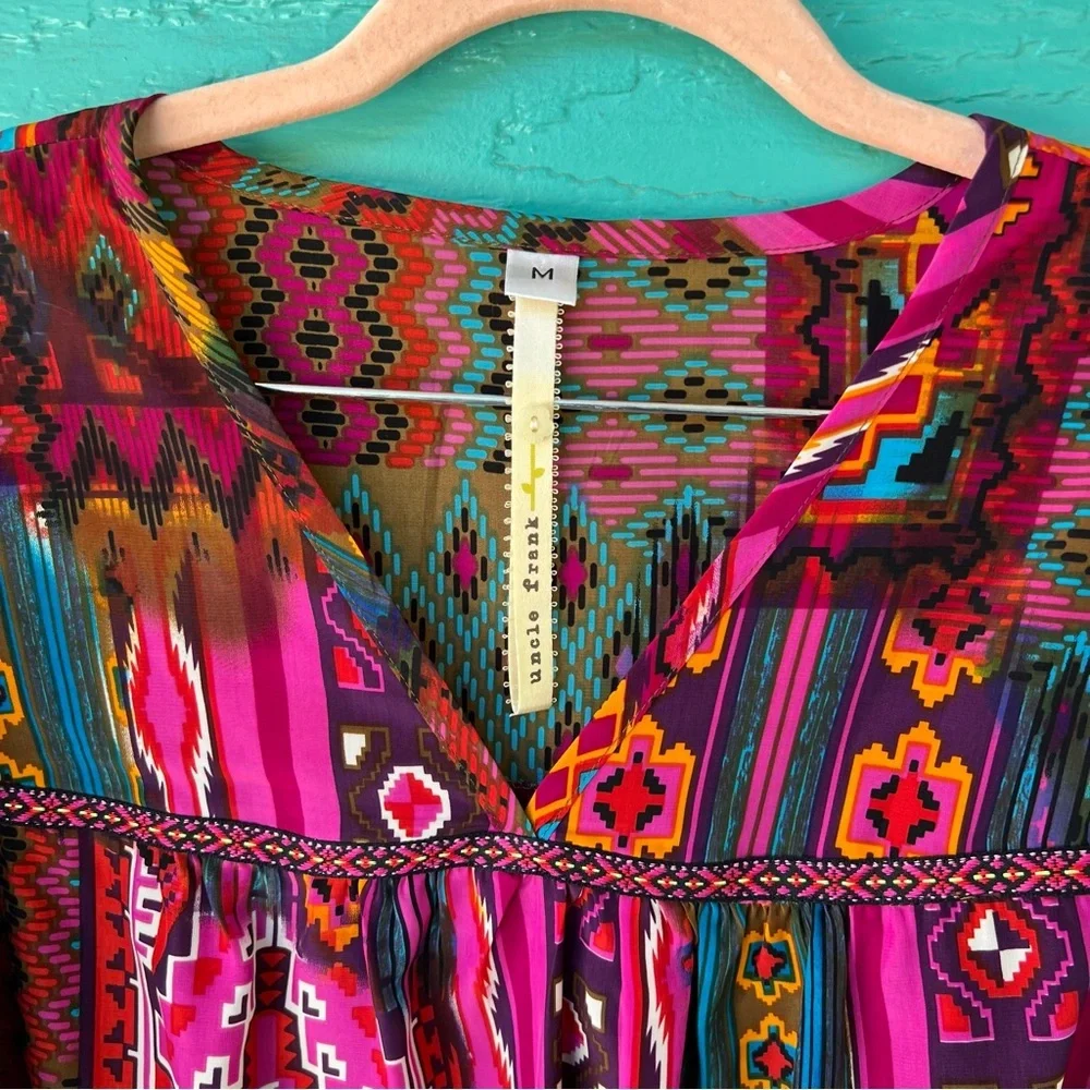 Uncle Frank Patchwork Dress Aztec Western Print V-Neck 3/4 Bell Sleeves M - Picture 7 of 11